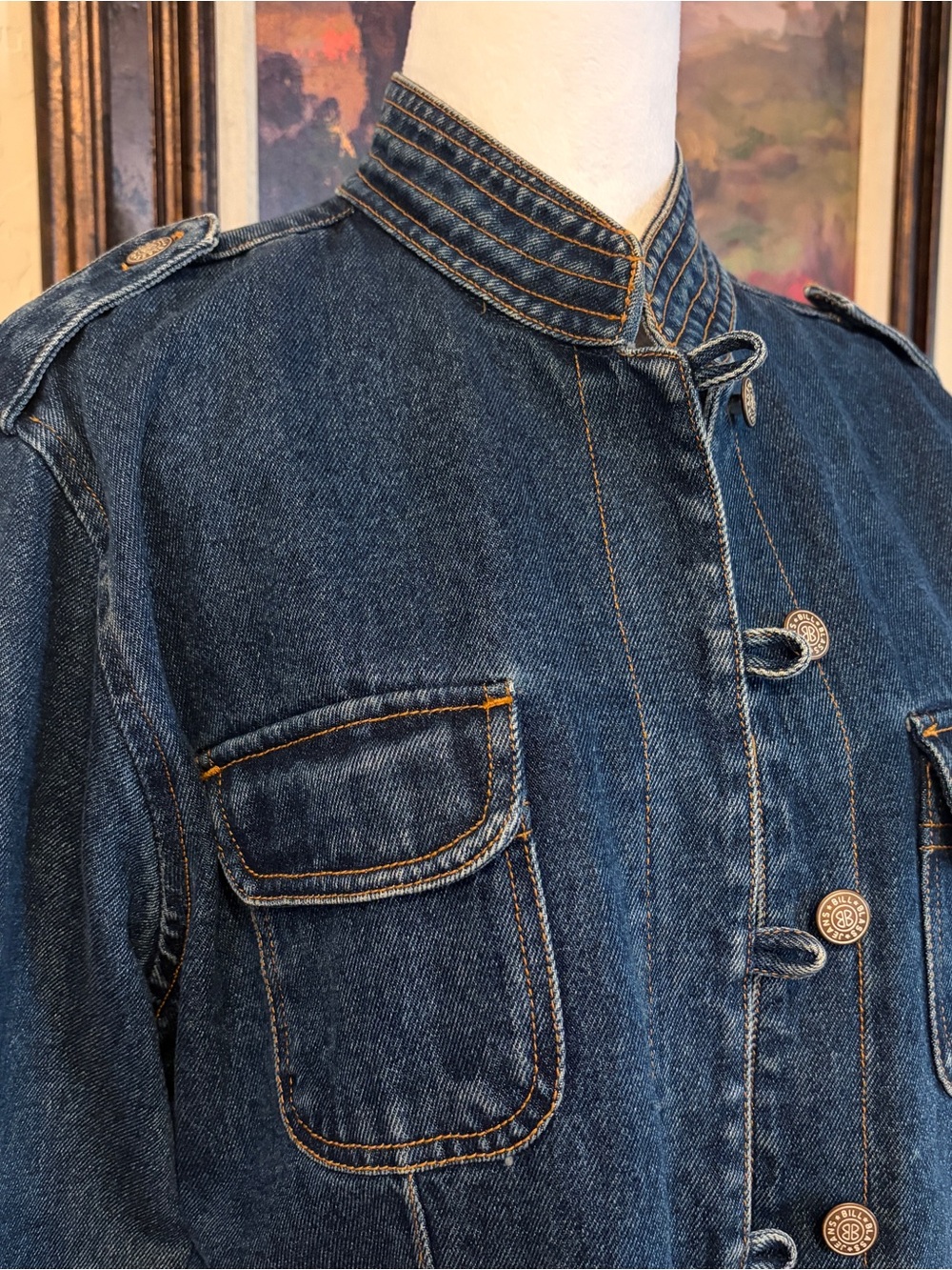 Vintage Bill Blass Classic Dark Blue Denim Jacket - Military Style Size Large
